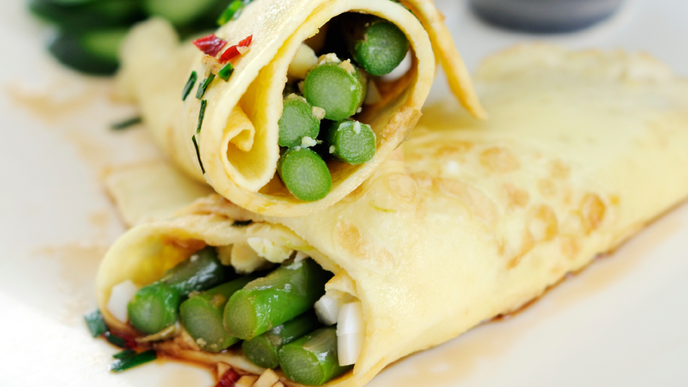 Spargel-Crêpes mit Schinken