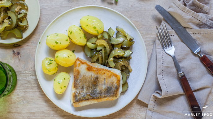 Zander mit Kerbelkartoffeln und Schmorgurken "Spreewälder Art"