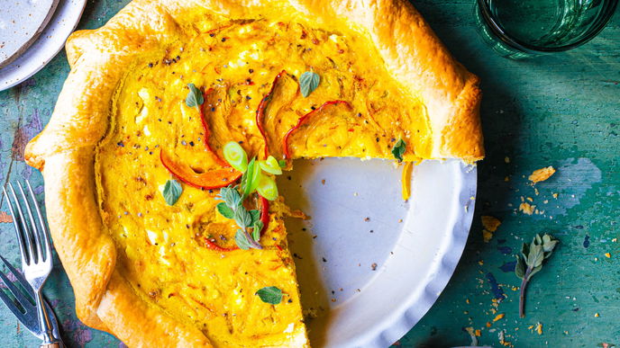 Rezept für Kürbisquiche griechische Art mit Feta 