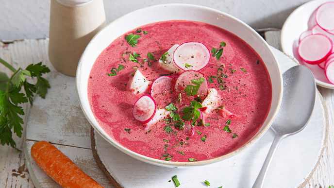 Rezept für Rote-Bete-Möhren-Suppe mit Kabeljau