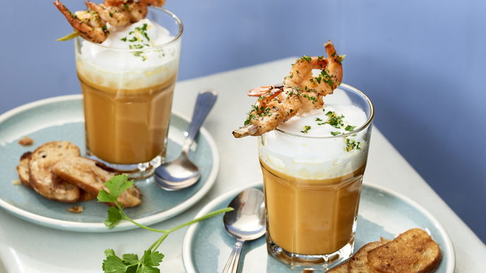 Rezept für Süßkartoffelsuppe mit Garnelen im Glas